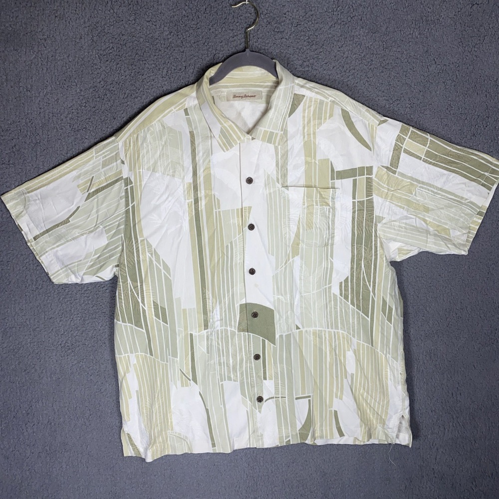 TOMMY BAHAMA Men's Sz XL Tan & Green Geometric Silk Short Sleeve Camp Shirt